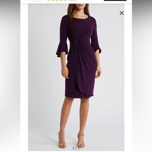 Connected Apparel Ruched Bell Sleeve Faux Wrap Dress in Aubergine